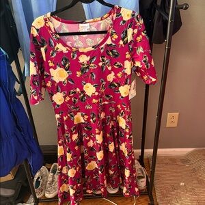 LuLaRoe Magenta Midi Dress with Yellow Rose Print